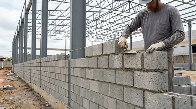 Pedreiro assentando bloco de concreto numa parede, com a estrutura de um galpão ao fundo