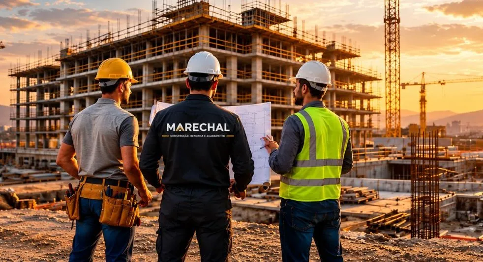 Equipe da Marechal na obra ao pôr do sol: três profissionais de capacete, de costas, olhando a planta, com o prédio em construção e os guindastes